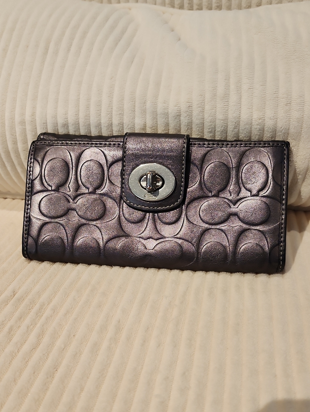 Coach Metallic  Embossed Leather Clutch Wallet with Turn-Lock